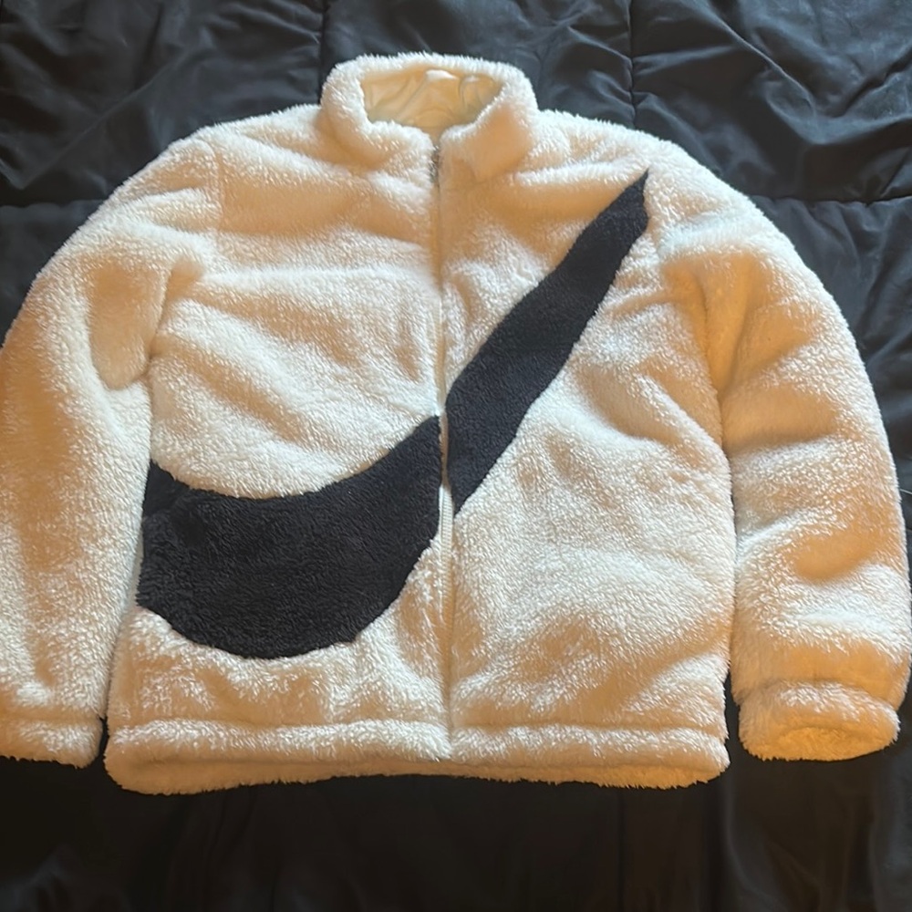 Nike White and Black Swoosh Fleece Jacket